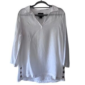 Tahari White 100% Linen Popover Top Large